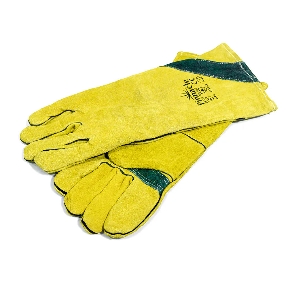 Pinnacle Welding Gloves - Yellow Leather with Green Reinforced Palm, Elbow Length 8 inches for Welding Safety