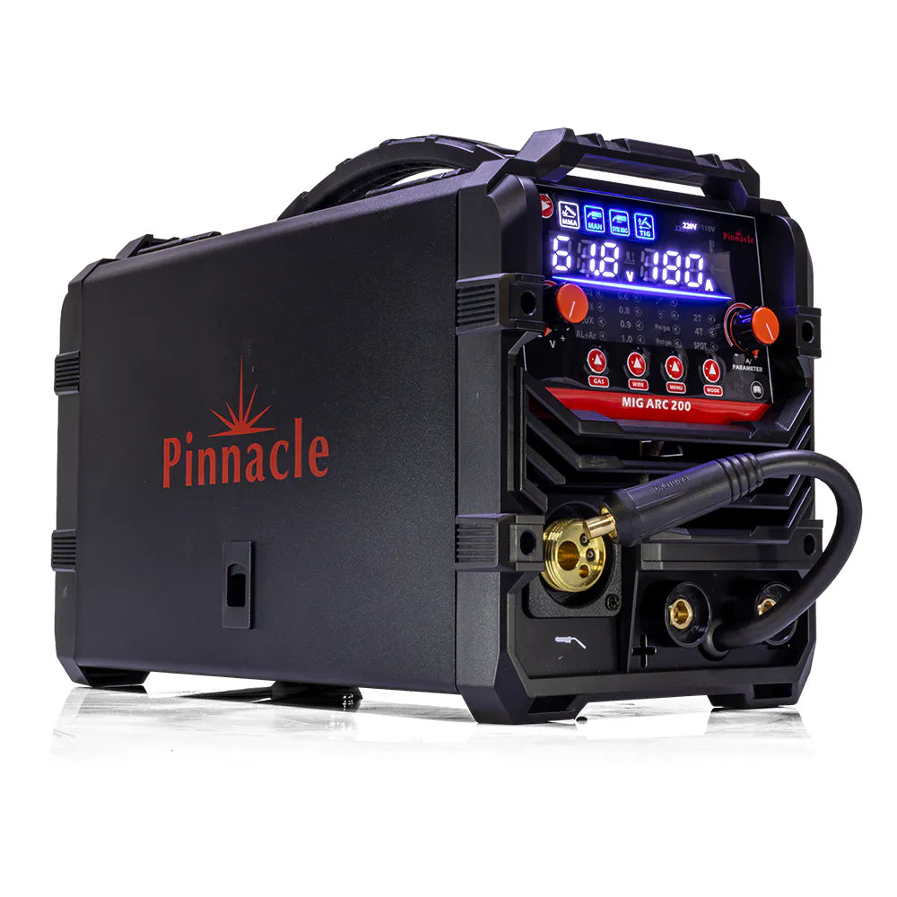 Pinnacle MIG ARC V300 portable welding machine in black with a digital display screen, red branding logo, and attached welding cable on a white background.