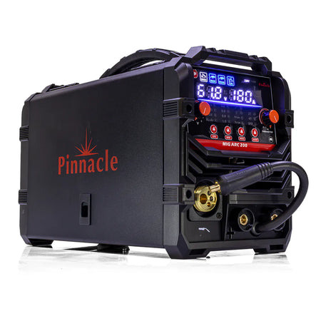 Pinnacle MIG ARC V300 portable welding machine in black with a digital display screen, red branding logo, and attached welding cable on a white background.