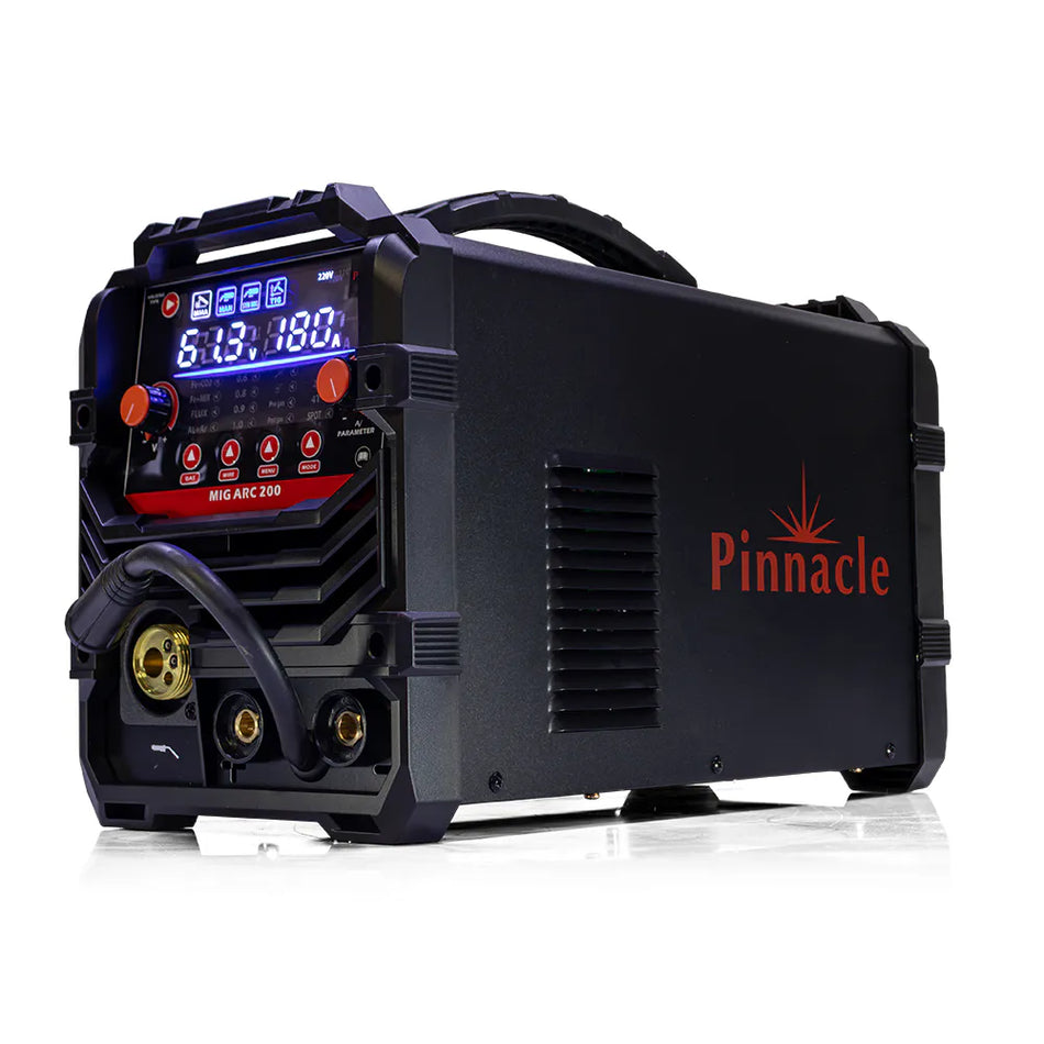 A black Pinnacle MIG A/C 200 welding machine with a digital display screen, red and orange control buttons, and gold-colored terminal connectors, shown on a white background with a subtle reflection.