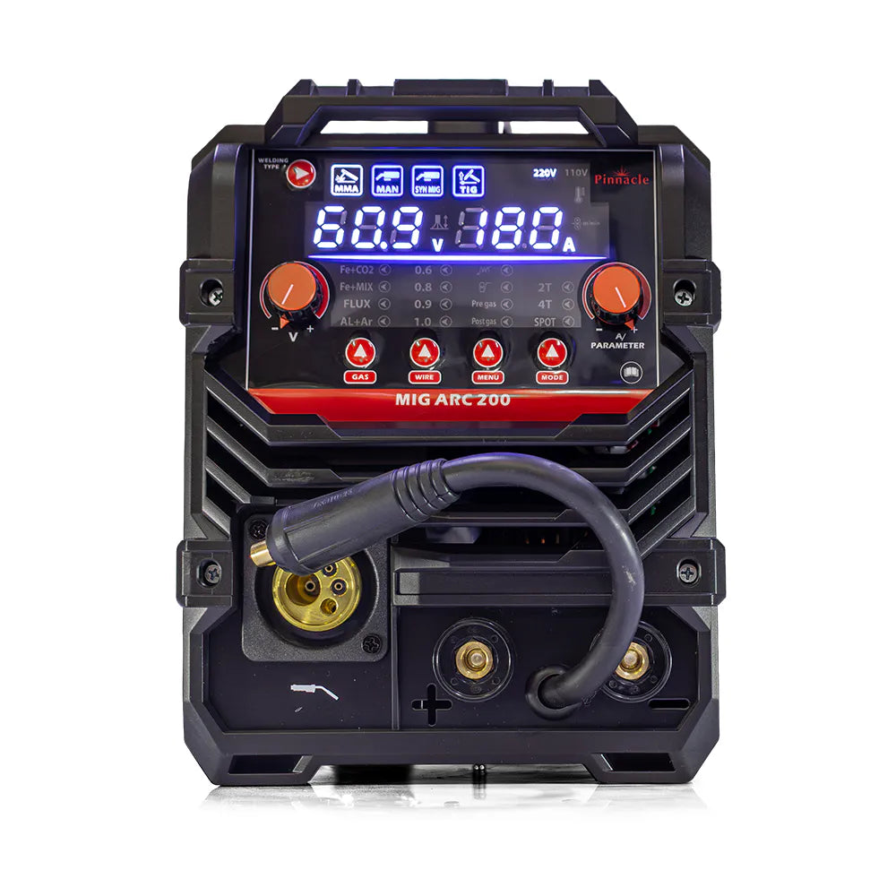 A black MIG arc welding machine with a digital display screen, orange control knobs, and a black cable, shown on a white background.