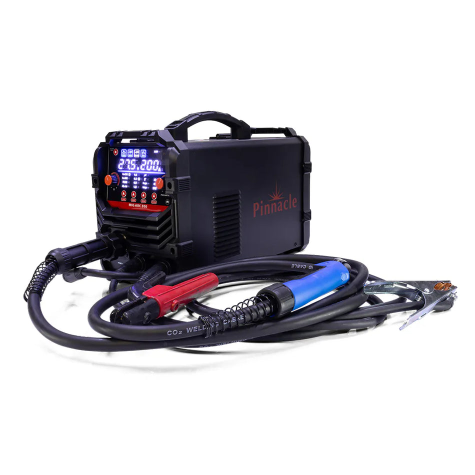 A Pinnacle brand CO2 welding machine with a digital display screen, connected to a black welding cable and a welding torch with red and blue handles, shown on a white background.