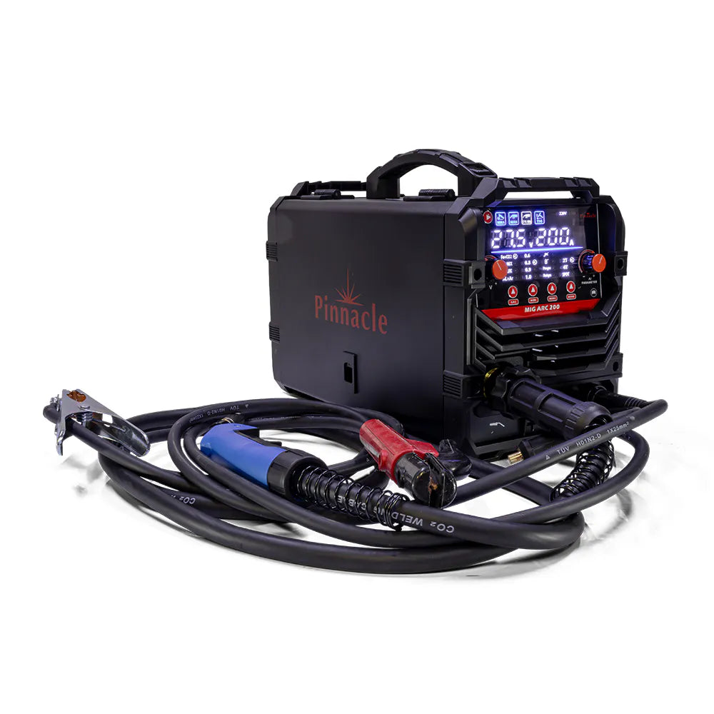 A Pinnacle brand MIG welder machine with attached cables, a blue-handled welding clamp, and a red ground clamp, shown on a clean white background.