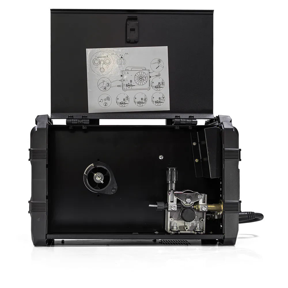 Open black hard case showing internal components, with a printed schematic diagram attached to the inner lid, photographed on a white studio background.