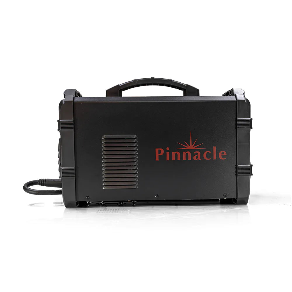 A black portable welding machine with a top handle and the brand name 'Pinnacle' printed in red on the front, shown on a white background.