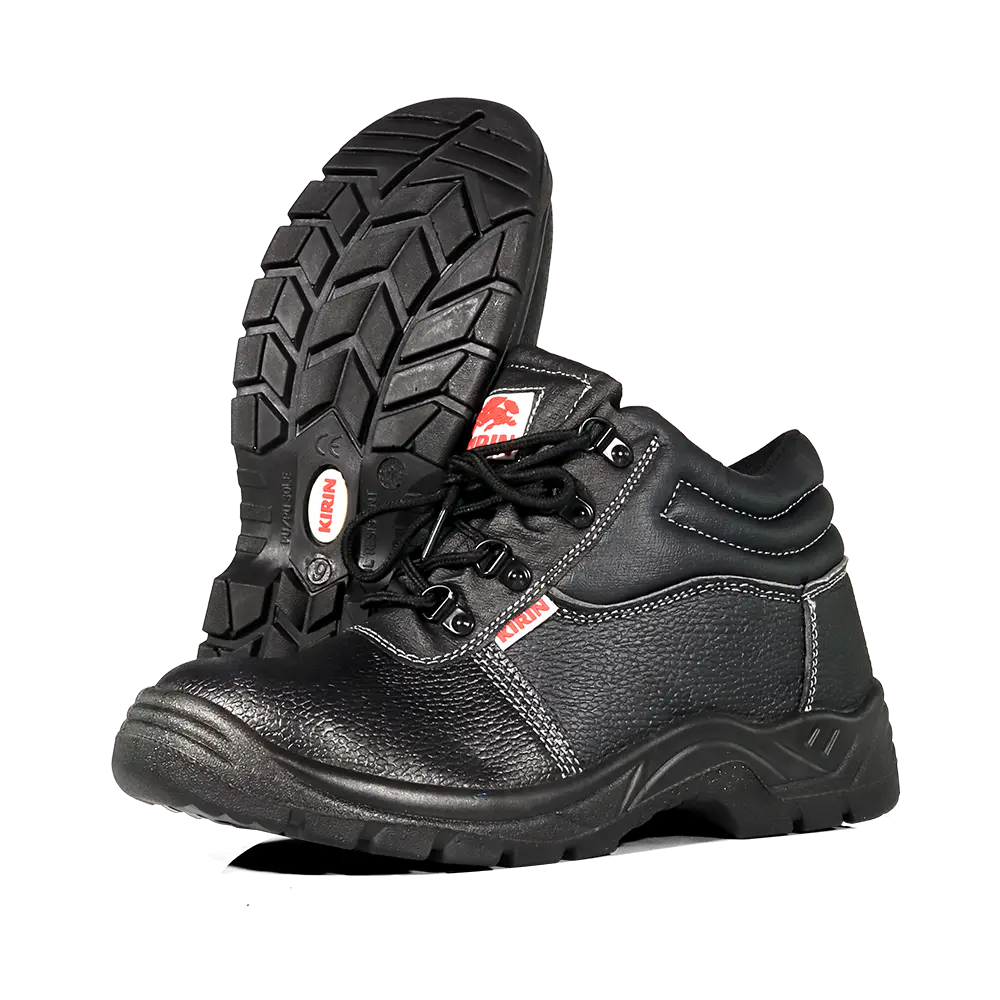 Black safety boots with a visible brand logo on a white background