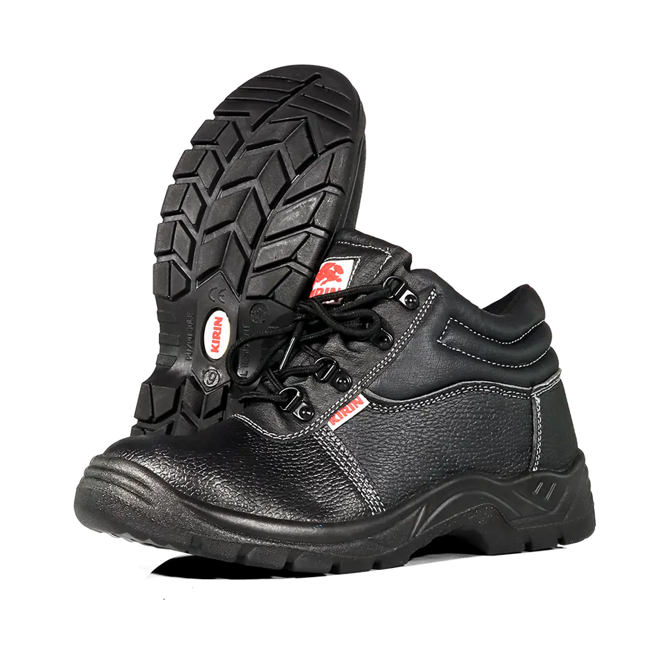 Black safety boots with a visible brand logo on a white background