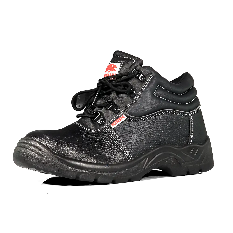 Black safety shoe with a visible brand logo on a white background