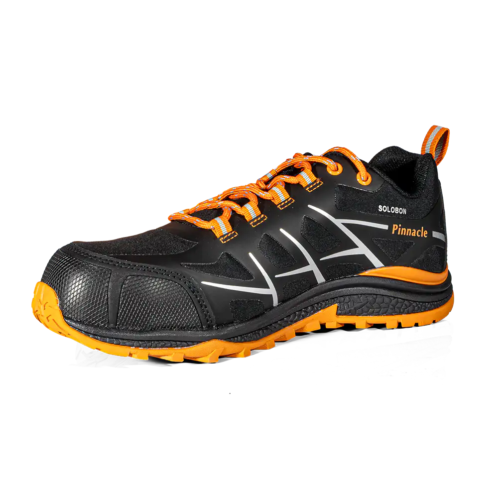 Black and orange athletic shoe with 'Pinnacle' branding on a white background