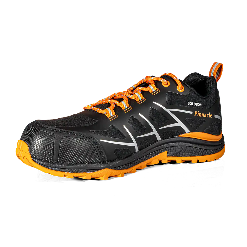 Black and orange athletic shoe with 'Pinnacle' branding on a white background