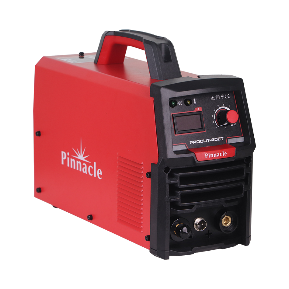 Pinnacle Procut 40ET Plasma Cutter angled front view highlighting torch connection and control knobs.
