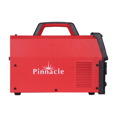 Side view of Pinnacle Plasma Cutting Machine featuring red casing and carrying handle.