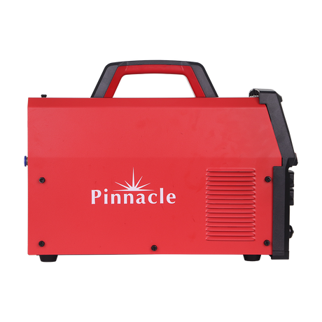 Side view of Pinnacle Plasma Cutting Machine featuring red casing and carrying handle.