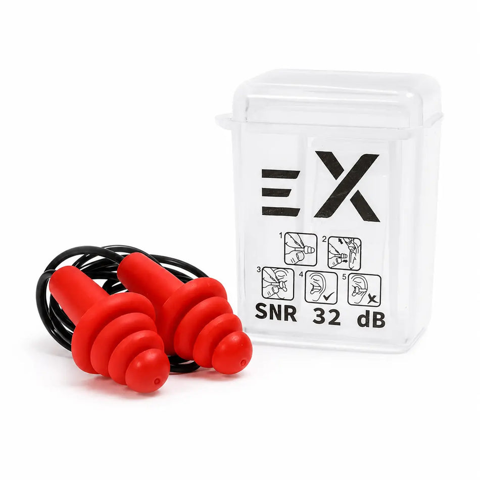 Front view of Pinnacle Extreme Reusable Corded Earplugs in Container