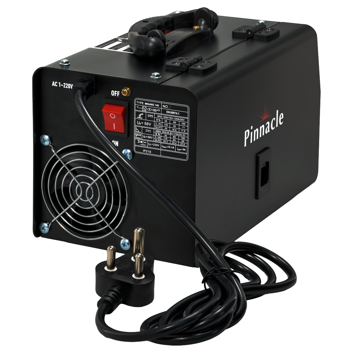 Rear view of Pinnacle MIGARC 145 inverter MIG/MMA welder showing ports and connections