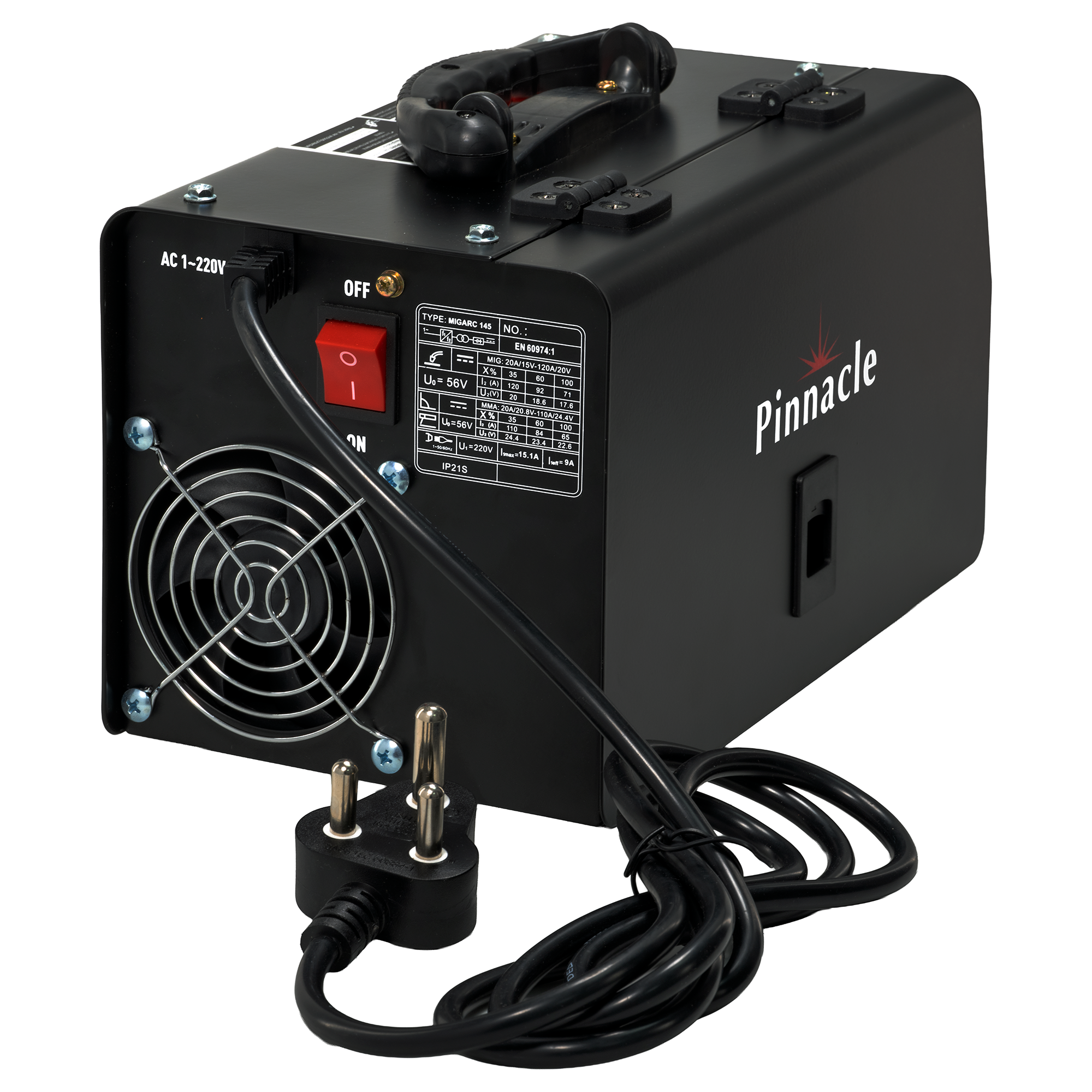 Rear view of Pinnacle MIGARC 145 inverter MIG/MMA welder showing ports and connections