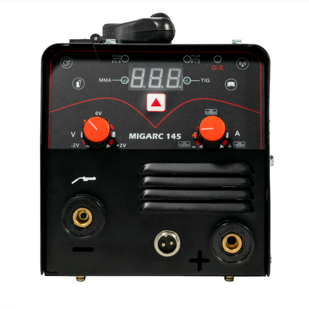 Front view of Pinnacle MIGARC 145 145 Amp gasless MIG welding machine with controls