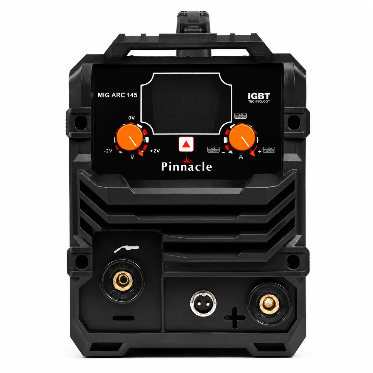 Front view of Pinnacle MIGARC 145 Amp gasless MIG welding machine with controls