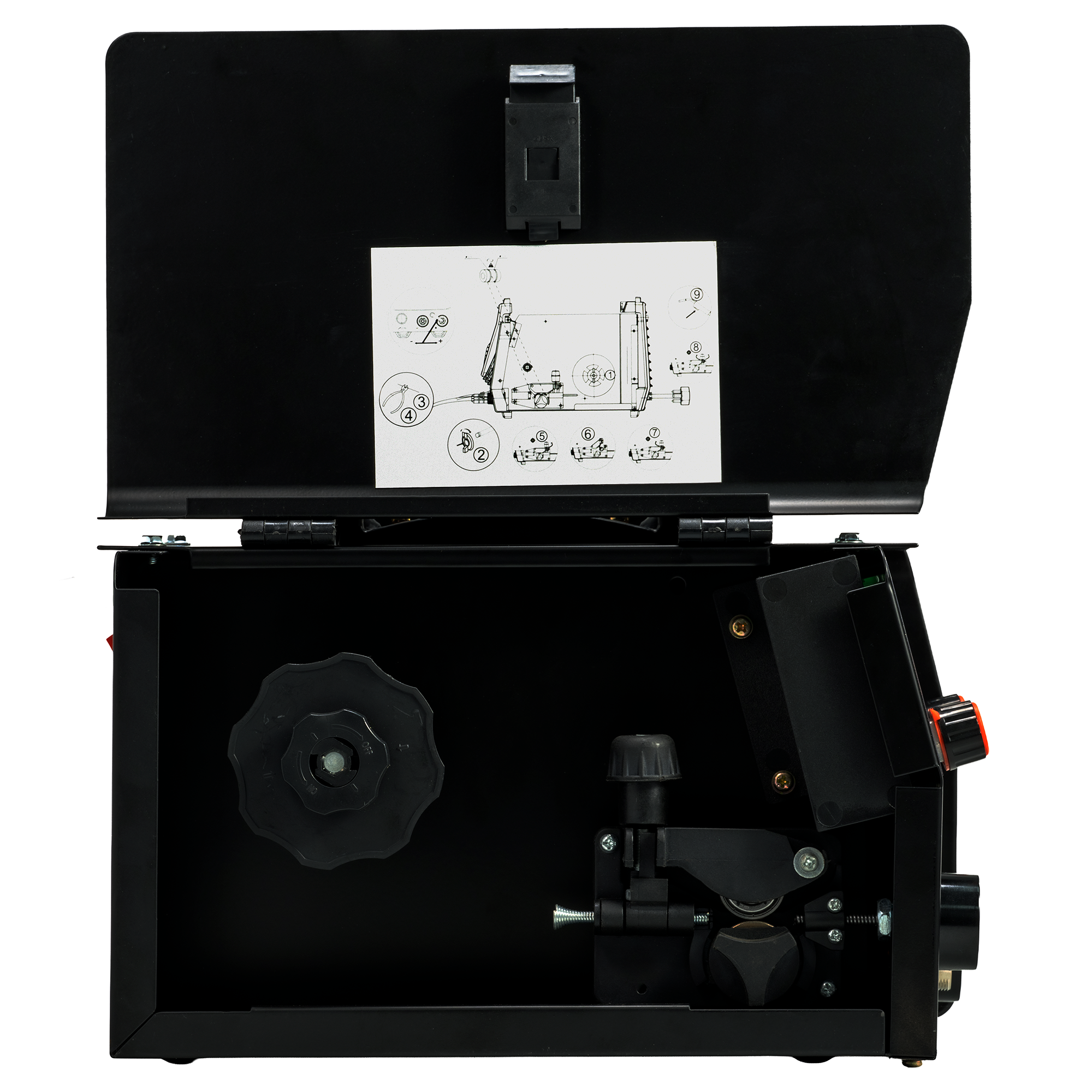 Pinnacle MIGARC 145 gasless MIG welding machine wire feed side view with spool holder