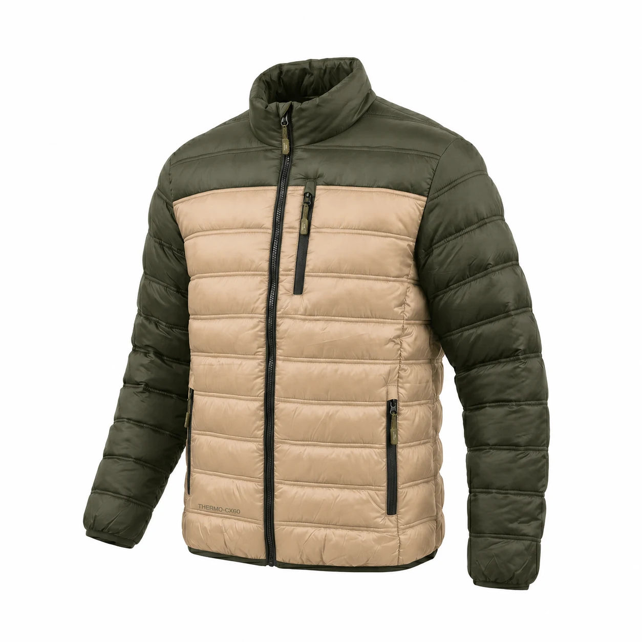 Pinnacle puffer jacket fatigue stone angled front view